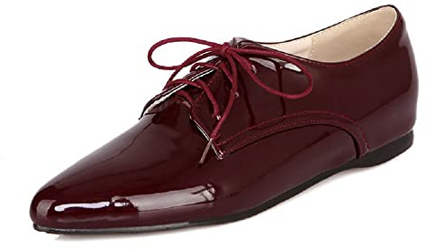 Lackläder mode spetssko platta skor låg klack med 2 cm snörpumps för kvinnor zb031, Vinröd, 40 EU