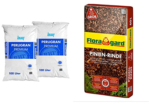 Knauf Gartenbau Perlite Perligran 2-6 mm 2x100 L • zur Erden- und Substratverbesserung • 200 L & Mulch Pinienrinde 25-40 mm 60 L • grob • dekorativer Bodenbelag • unterdrückt Unkrautwuchs