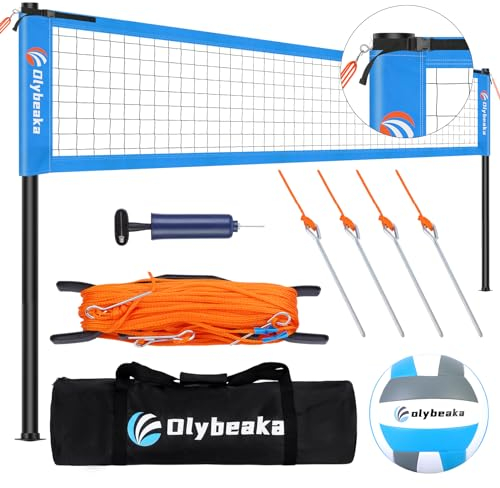 Olybeaka Tragbares Volleyballnetz Outdoor Professionelles Volleyballnetz Set System für Hinterhof Strand mit verstellbaren Höhenstangen und Anti-Sag Design, Grenzlinie, Volleyball und Pumpe