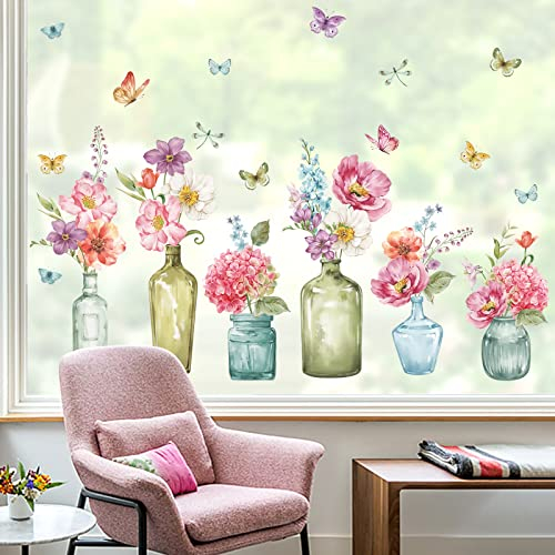 wondever Fenstersticker Garten Blumen Vasen Fenster Aufkleber Rosa Blumen Schmetterlinge Fensteraufkleber Anti-Kollision Doppelseitig Glasaufkleber Frühling Sommer Glas Deko