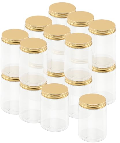 LEXININ Confezione da 18 barattoli in plastica trasparente da 300 ml con coperchi in alluminio dorato, a bocca larga, contenitori vuoti in plastica per alimenti, spezie, 2306032