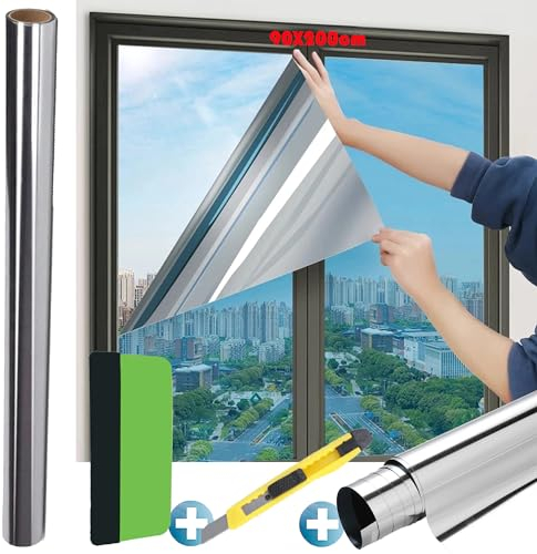 Vinilo Espejo para Ventana Anti Sol, Vinilo Pet Película Adhesiva Lámina de Espejo para Ventanas, 99% de Protección UV y Rotección de la Intimidad, para el Hogar y la Oficina (90 x 200 cm)