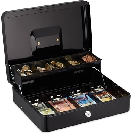 Relaxdays Caja de Dinero Llaves, 5 Compartimentos de Monedas y 4 de Billetes, Hierro, 8,5x30,5x24,5 cm, Negro
