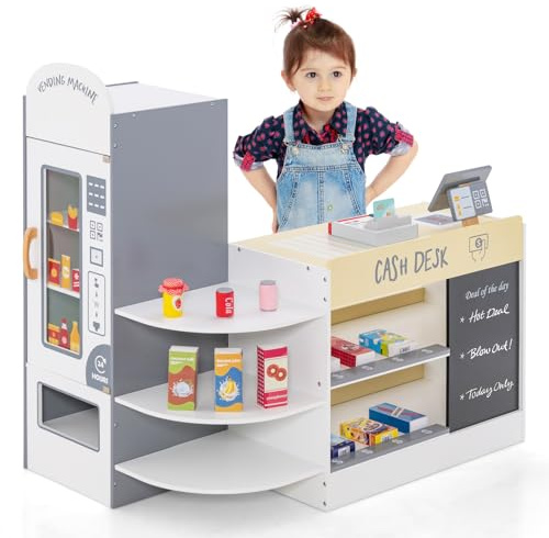 GOPLUS Mataffär för barn, matvarubutik av trä, med kassa, POS-automat och försäljningsautomat, rollspel med 15 tillbehör och tavla, för barn från 3 till 8 år, vit