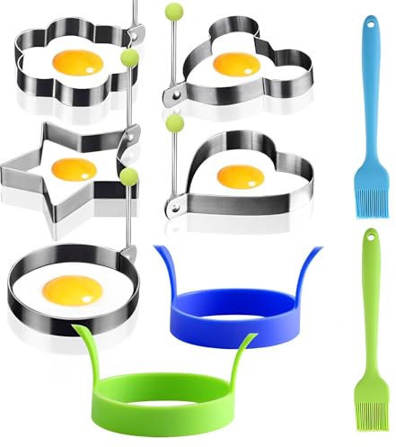 VINEST 7 Pezzi Stampo Uova Fritto, 5 Stampo per Frittata in Acciaio Inossidabile con Manico, 2 Stampo Pancake a Doppio Orecchio in Silicone, Anello per Uova con Pennello Olio per Uova Fritte Pancake