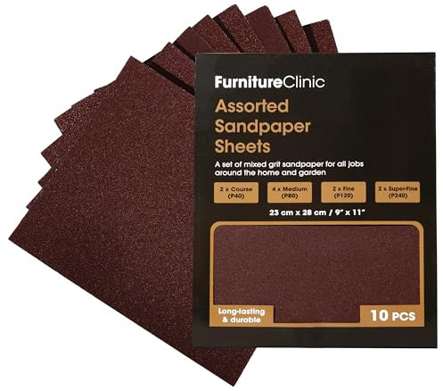 Furniture Clinic Assorted Sandpaper | 10 Large Sheets For Walls, Metal, Wood & Furniture for Hand, Sanding Block or Sander Use | Coarse, Medium, Fine Sand Paper Pack (P40, P80, P120, P240)
