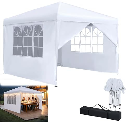 YRHome Pavillon Pop Up Faltpavillon Pavillon 2.5x2.5m Wasserdicht Winterfest Stabil UV-Schutz Gartenpavillon mit 4 Seitenteilen und Fenstern Outdoor Gartenzelt Partyzelt Festzelt Höhe bis 2.6m, Weiß
