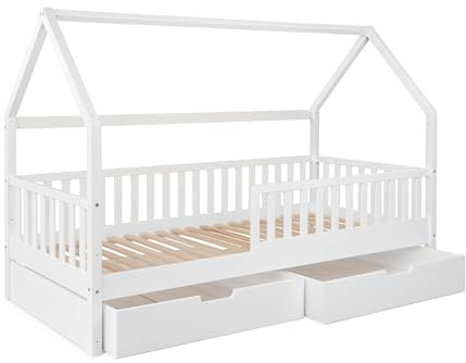 Ehrenkind® Hausbett Buche Livo | FSC Zertifiziert | Kinderbett mit Rausfallschutz | höhenverstellbar Massivholz | Kinder Bett | Hausbett 200x90 | weiß mit Doppelschublade