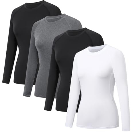 HYCOPROT Pack de 4 Hauts de Compression Femme Manches Longues Séchage Rapide Respirant sans Coutures Couche Base Layer Top Sport Tshirt pour Gym Fitness Yoga Running Randonnée Trekking Outdoor