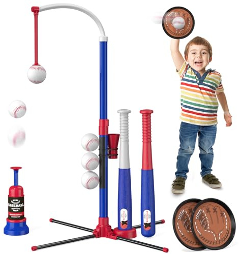 HYES 3 en 1 Baseball Set pour Enfants de 3 à 5, Balle de Baseball, Porte - Balles, Suspendu, Lanceur de Baseball et 6 Softball, Hauteur Réglable, Jouets de Baseball pour Enfants (4 in 1 Blau)