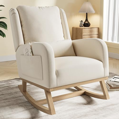 KOOPMAD Gungstol, relaxstol med tyst halkskyddsklistermärke, rockstol med fickor på båda sidor, gungfåtölj för vardagsrum, sovrum, lätt att montera, bomull, beige