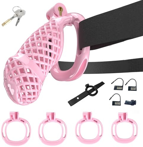BDSMYOU Gabbia per Pene Rosa,Chastity Cage Sissy con Cintura di Castità e 4 Anelli per Testicoli,BDSM Bondagerie Accessori Sex Toys,Sexytoysys Uomo,Toys Sessuali per Uomini (XXL)