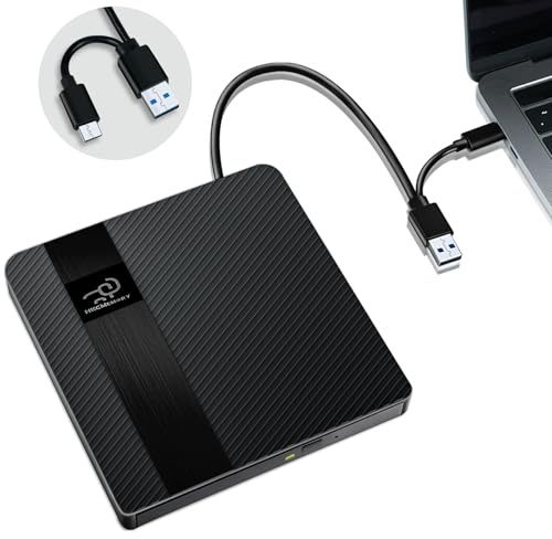 HKCMEMORY External CD/DVD Drive USB 3.0 & Type-C Slim Portable DVD Player+/-RW Disk Drive CD Burner Writer Reader CD ROM, for Laptop Desktop PC MacBook Mac Windows 11/10/8/7 Linux OS Apple