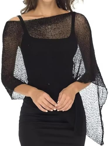 Qixfyze Poncho e Bolero Trasparenti, Boleri e Coprispalle Asimmetrici in Rete, Poncho Mantelle Lavorati a Maglia, Top Estivi Leggeri all'Uncinetto(Nero)