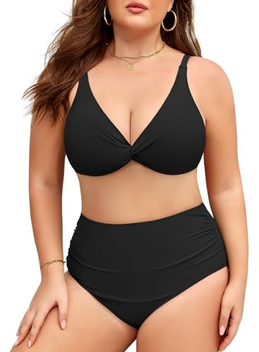 Vijamiy Costume Donna Due Pezzi Taglie Forti Vita Alta Costumi da Bagno Curvy Controllo Addominale Sexy Scollo a V Push Up Bikini L-4XL (Nero,3XL)
