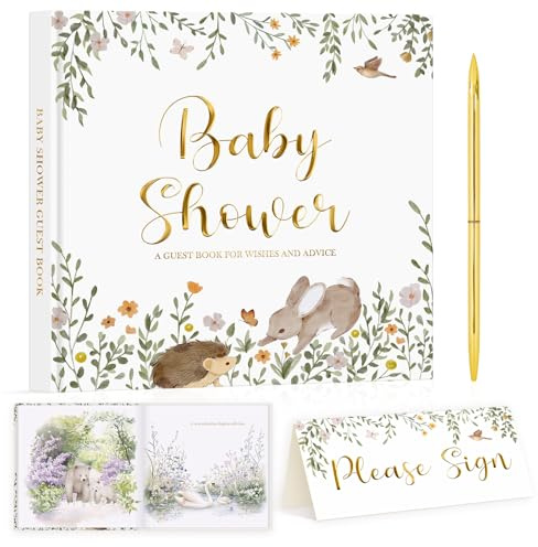Lanpn Libro degli Ospiti per Baby Shower & Gender Reveal, Baby Shower Guest Book, Tema Neutro Animali Bosco, Album Ricordi con Messaggi, Auguri e Foto per Futuri Genitori, Inglese, 114 Pagine