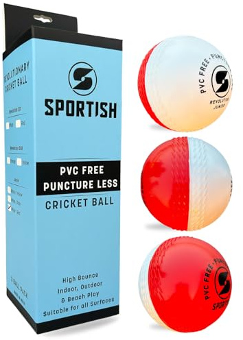 SPORTISH Junior Cricket Ball Pack of 3 - White Red PU Practice Net Balls