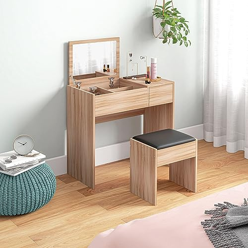 HOMCOM Tocador de Maquillaje con Taburete con Espejo 80x40x79 cm Natural