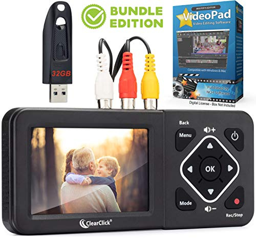ClearClick Video to Digital Converter 2.0 (seconda generazione) - Registra video da videoregistratori, nastri VHS, AV, RCA, Hi8, videocamera, DVD, sistemi di gioco (Bundle) [richiede videoregistratore