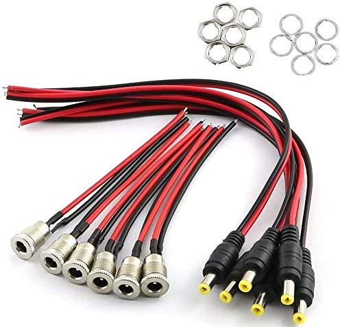 RUNCCI-YUN 18AWG 12V 5A DC Mount Adapter Set, 6X DC Hohlstecker(Mit Kabel) 6 X DC Power Jack Socket 5,5 X 2,1 mm DC Stecker Buchse Adapter für Audio/Video/Handy/Überwachungskameras