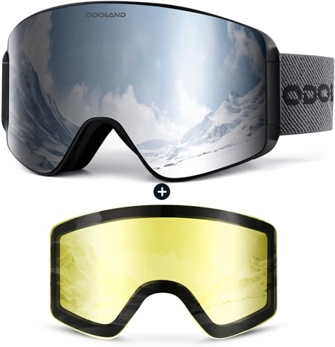 Odoland Ski Goggles Set with Detachable Magnetic Lens, Frameless Interchangeable Lens for Cloudy or Sunny, Anti-Fog UV Protection Men Women Snow Goggles for Skating Skiing and Snowboard