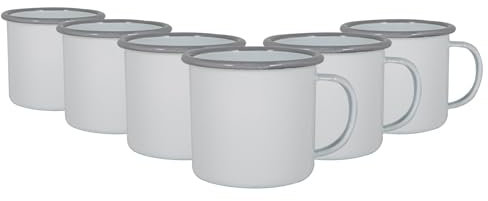 Argon Tableware Enamel Mugs - 375ml - Pack of 6 - Grey Metal Insulated Coloured Coffee Mugs Lightweight Camping Cups for Drinking Tea, Hot Chocolate, Coffee