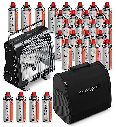 EVOCAMP mini calefactor de gas butano, calefactor portátil para camping de 1,7 kW, calefacción de gas de cerámica para interiores y exteriores (+ 28 cartuchos de gas)