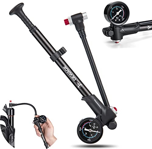 GEWAGE Hochdruck Dämpferpumpe (Max 300 PSI), 2 in1 Fahrrad Gabelpumpe/Fahrradreifen Pumpe für MTB, Rennradgabel und Hinterradaufhängung, Tragbare Minipumpe mit Entlüftungstaste(Schwarz)
