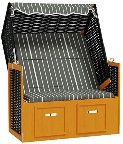 Hommdiy Strandkorb mit Dach Sonnenschirm Poly Rattan und Massivholz Schwarz & Grau, Schwarz, Grau, Weiß, 115 x 55 x 133/151/156 cm (L x B x H)