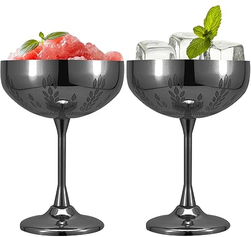 LELELINKY Martini-Glas Weizenohrmuster Edelstahl-Sektschale 280 ml, Stainless Steel Champagne Bowls, Rotweingläser, Sektgläser Metall Unzerbrechlich für Hochzeit Partys und Outdoor (Schwarz 2er set)