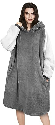 TOWINGO Sudadera con Capucha, Manta Usable Sudadera Polar Invierno, Grande Hoodie Sudadera con de Gran Tamaño, Talla Única Mujer Hombre, Gris+Beige