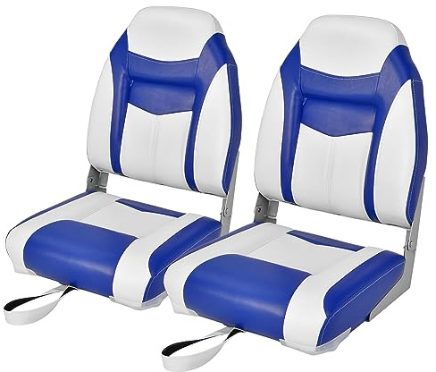 GYMAX Folding Boat Seat, Low/High Back Captain Chair with High-density Sponge Padded Cushions and Fixing Strap, Ergonomic Fishing Seating (High Back, 10cm Thich Cushion, Blue, 2Pcs)