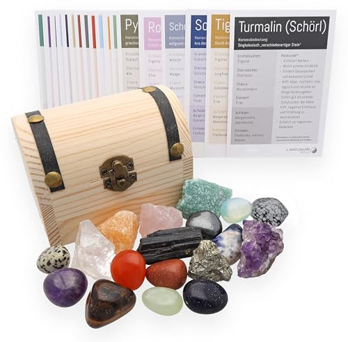 Cofre del tesoro con 18 piedras preciosas seleccionadas a mano, piedras en bruto, piedras tamboreadas + tarjetas informativas de piedras preciosas, cofre del tesoro para niños, piratas, búsqueda del