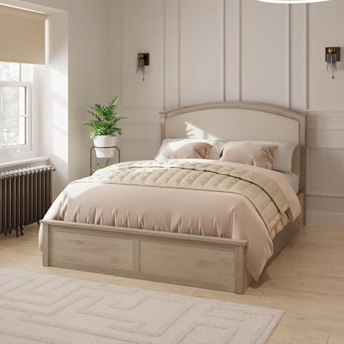 GFW Madrid Wooden Natural Ottoman Double Bed Frame with Fabric Headboard, Under Mattress Support Board And Underbed Storage 4.6ft Double Bed Dimensions: 201 (L) x 150(W) x 114cm (H)