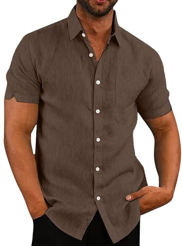 Rodawu Chemises d'été décontractées en coton à manches courtes pour homme, coupe droite, café, M