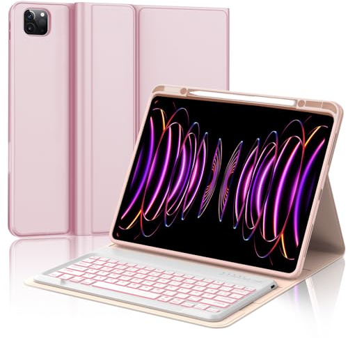 IVEOPPE Tangentbord för iPad Pro 12,9 tum, fodral med tangentbord för iPad Pro 6./5./4./3. generationen, Bluetooth QWERTZ magnetisk 7-färgad belysning tangentbord för iPad 12,9 tum (2018–2022), rosa