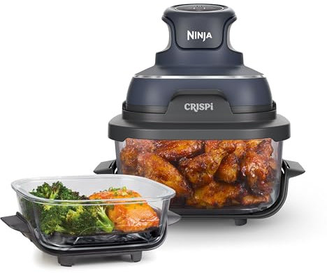 Ninja CRISPi Freidora de aire portátil, 3,8 l, 4 en 1, freír con aire, asar, mantener caliente y gratinar, diseño compacto, incluye 2 recipientes de vidrio extraíbles y tapas, 1700 W, gris, FN101EUGY