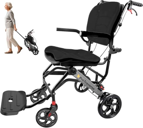 ProTraverse Wheelchairs for Adults,Transport Wheelchair Lightweight Foldable with Removable Cushion,Transport Chair,Ergonomic Travel Wheelchair with Telescopic Handle,Gifts for Grandpa,Black