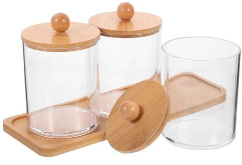 Cabilock Organizzatore per Cotton Fioc e Accessori da Bagno con Vassoio Portatile Contenitore Trasparente in Bambù Raffinato per Organizzazione Facile e Pratica del Bagno
