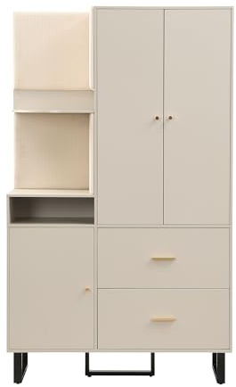 Azkoeesy Armario de pasillo con 2 cajones y 3 puertas de armario, 110 x 38 x 186 cm (cm), armario compacto con estante y zapatero (blanco crema + beige)