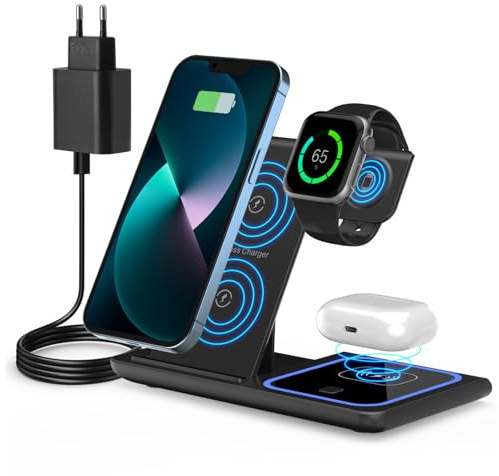 Caricatore Wireless 4 in 1 per i Phone 16/15/14/13/12/11 Pro Max SE XR XS, Stazione di Ricarica Rapida Qi Compatibile con A pple Watch Ultra 9/8/7/6/SE e Air Pods Pro, Base Pieghevole con QC3.0