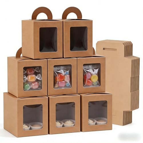 Mokolife 50 Stk Kraftpapier Gebäckschachtel mit Griffe & Sichtfenster 9x9x10cm Bäckerei Boxen f. Donut, Cupcake, Cookies, kleine Cake,Gebäck,Kekse,Muffin