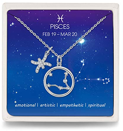 Qings 925 Silber Kette Damen Fische Sternzeichen Halskette mit Kreis Stern Zirkonia Anhänger, Modeschmuck Kette für Damen Frauen Mädchen, 44+3,5cm Lang