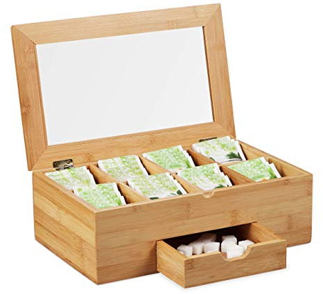 Relaxdays Teebox Bambus, Sichtfenster im Deckel, 8 Fächer, Teekiste mit Schublade, Teebeutelbox HxBxT 11x33x20 cm, natur, Hellbraun, Transparent