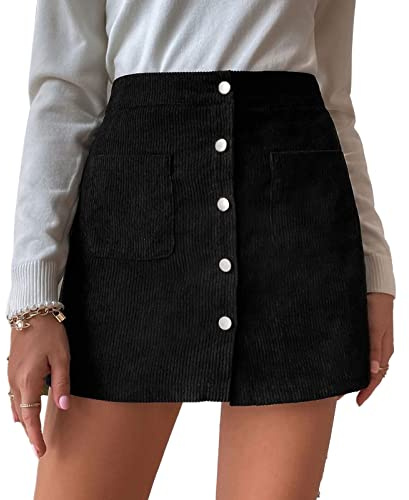 Falda de Pana para Mujer Minifalda A-Line Falda Corta Cintura Alta Estrecha Casual Falda Envolvente Falda de Ocio Falda de Fiesta Falda de Mujer con Botón Y Bolsillos Otoño Invierno(m-Negro)