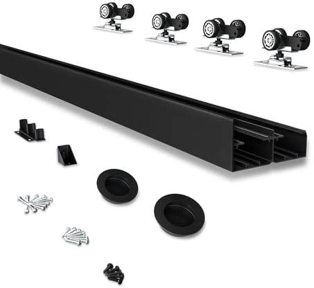 JUBEST 6FT Heavy Duty Bypass Door Hardware with Finger Pulls,Sturdy Aluminum Sliding Closet Door Track for 2 door System,Quietly and Smoothly,Fit Door Thickness 1 3/8 or 1 3/4,Easy to Install, Black