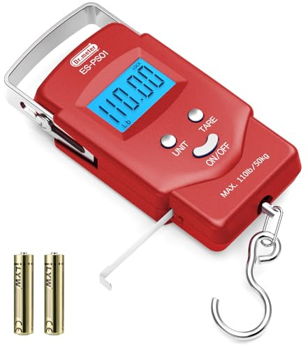 Dr.meter Fishing Scales (PS01), Luggage Scale Digital with Hanging Hook, Measuring Tape, Backlit LCD Display, Portable Suitcase Scales, 2 AAA Batteries Included, Fishing Gifts for Men (Red)