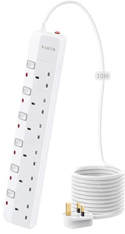PARTH Surge Protected Extension Lead 10m Cable - 6 Plugs Extension Socket 10 Metre - Extra Long Heavy Duty Power Extension Cord with Switches/Wall Mounted Electric Surge Protection Extension Lead