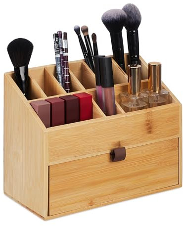 Relaxdays Organizer in bambù per Cosmetici, Porta Trucchi, 19 x 25,5 x 12,5 cm, Portapennelli e 1 Cassetto, Naturale, Poliestere