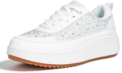 LUCKY STEP Women's Platform Sneakers Rhinestone Fashion Chunky Casual Sparkly Braided Walking Shoes (White Rhinestone, 11US-42EU-9UK)